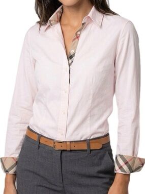 Burberry Pale Pink Button-Down Shirt with Signature Check Trim